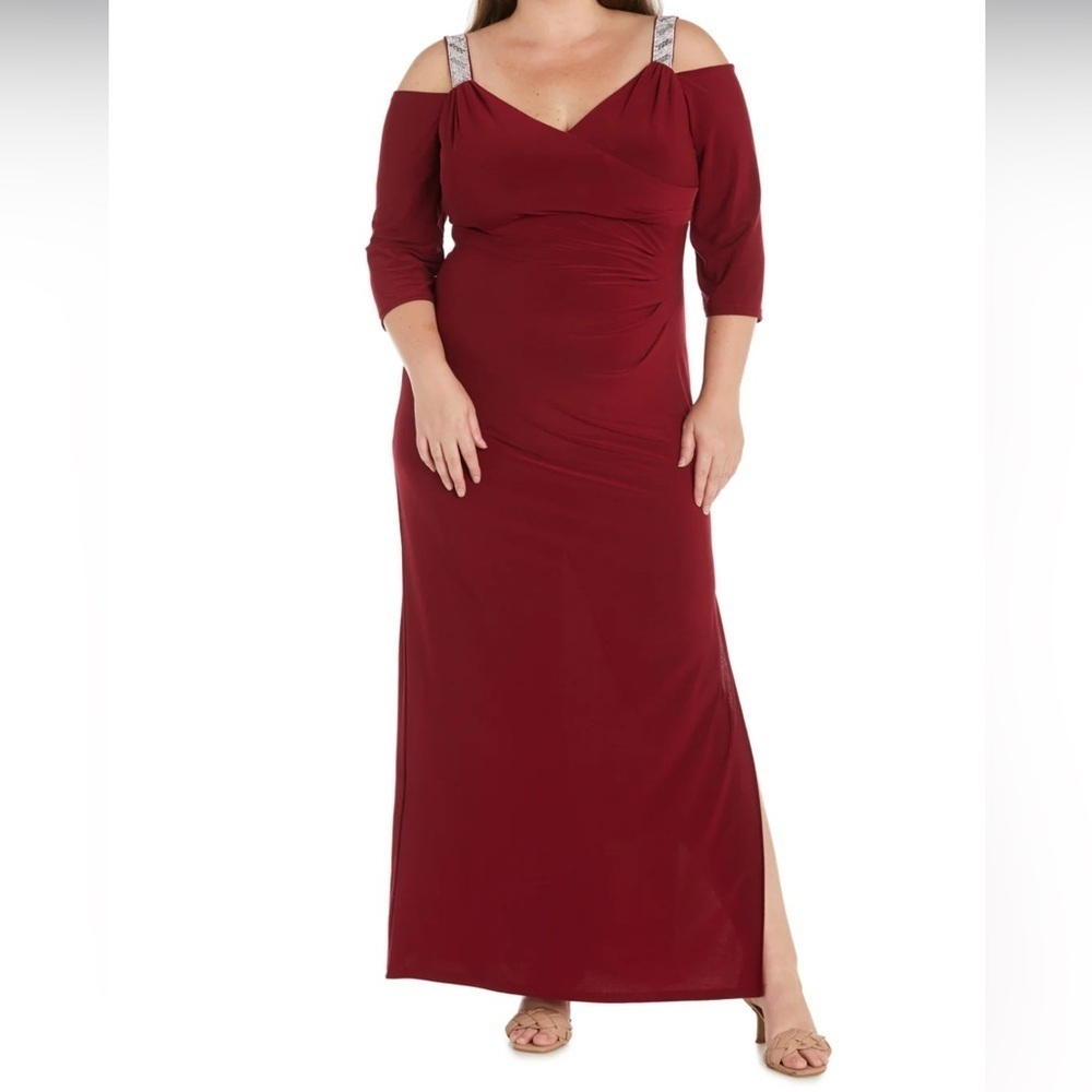 R&M Collection Formal Rhinestone Cold Shoulder Full Length Ruched Dress Merlot - Picture 1 of 15